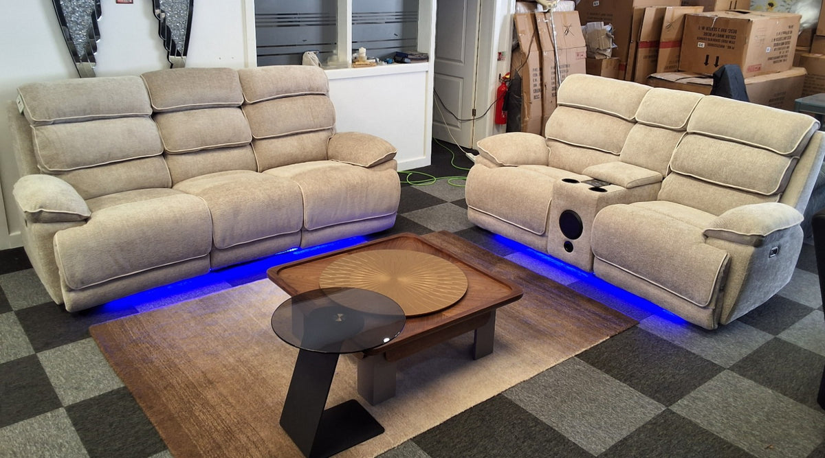 Lakeland Music 3+2 Electric Recliner Sofa Set – Beige Fabric, Bluetooth Speakers & Wireless Charging