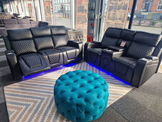Florida 3+2 Black Electric Recliner Sofa Set – Leather, Bluetooth, USB & LED