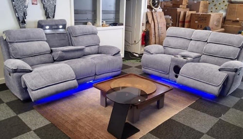 Lakeland Music 3+2 Electric Recliner Sofa Set – Grey Bouclé, Bluetooth Speakers & Wireless Charging
