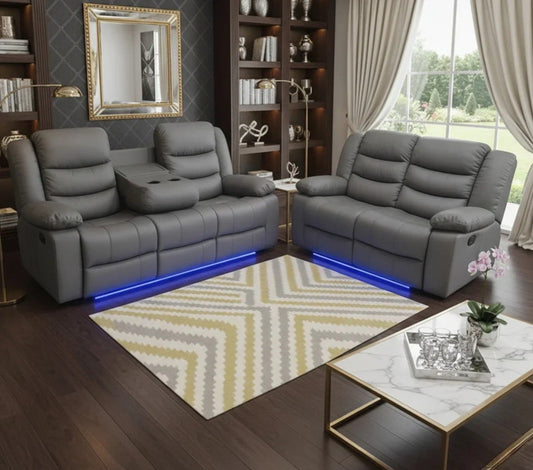 Roma 3+2 Electric Recliner Sofa Set – Bonded Leather, USB, LED & Cup Holders