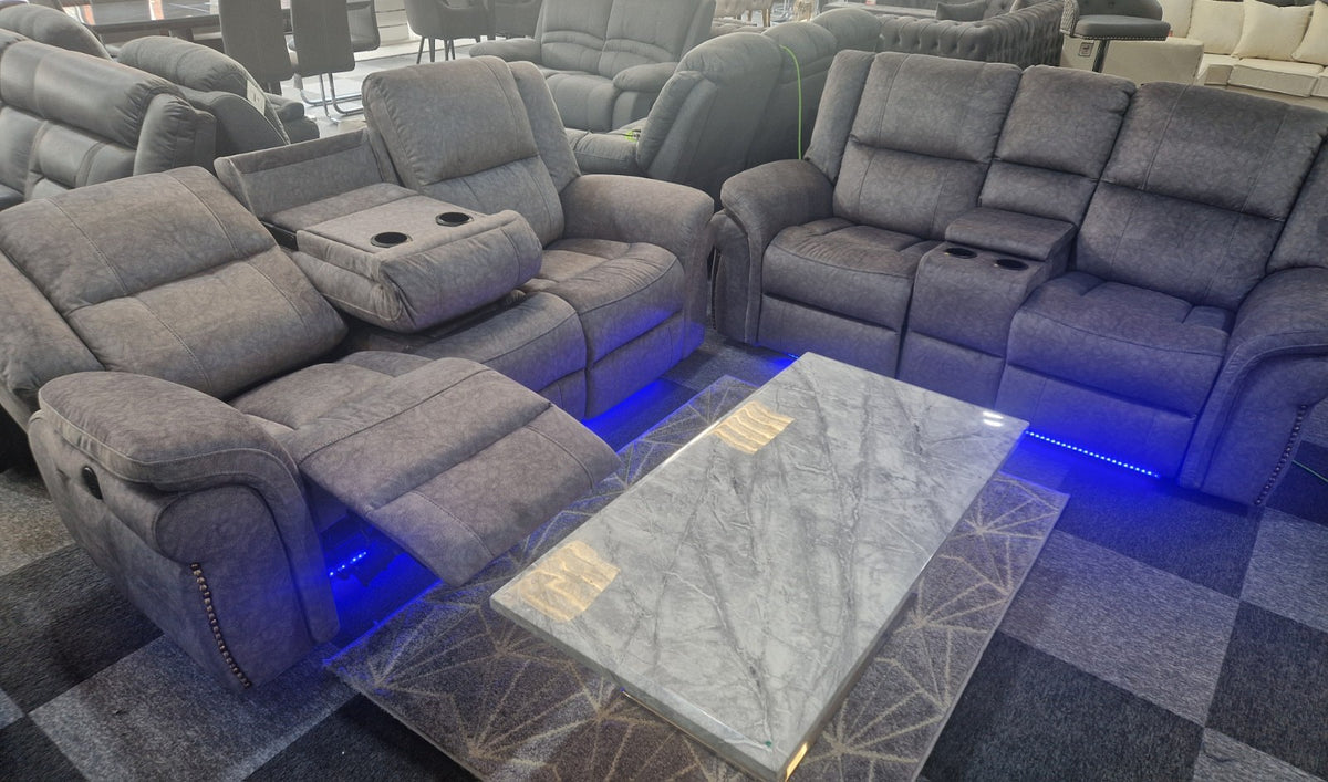 Berlin 3+2 Electric Recliner Sofa Set – Grey Microfibre, Cup Holders & Blue LED