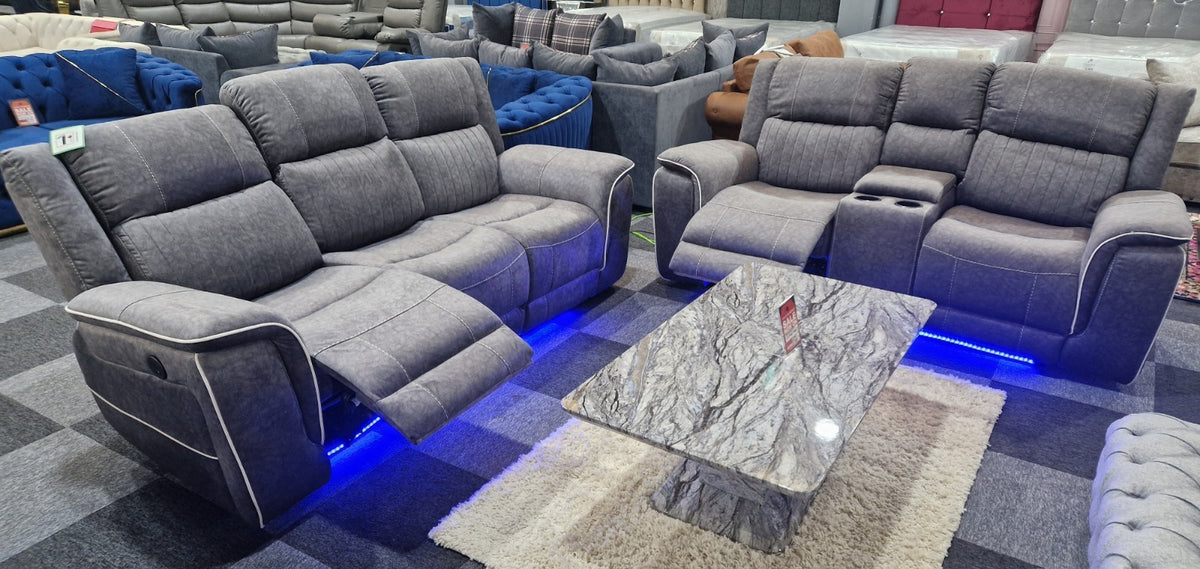 Hannah 3+2 Electric Recliner Sofa Set – Grey Microfibre, Cup Holders & Blue LED