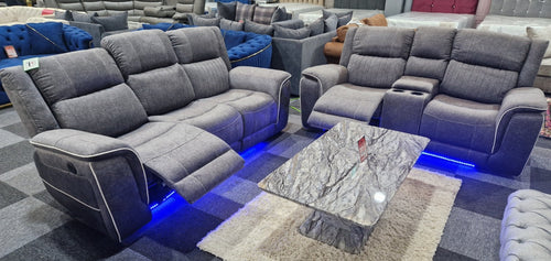 Hannah 3+2 Electric Recliner Sofa Set – Grey Microfibre, Cup Holders & Blue LED