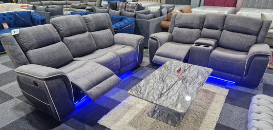 Hannah 3+2 Electric Recliner Sofa Set – Grey Microfibre, Cup Holders & Blue LED