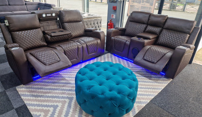Florida 3+2 Brown Electric Recliner Sofa Set – Leather, Bluetooth, USB & LED