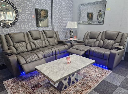 Orlando 3+2 Grey Electric Recliner Sofa Set – Tech Leather, USB, LED & Cup Holders
