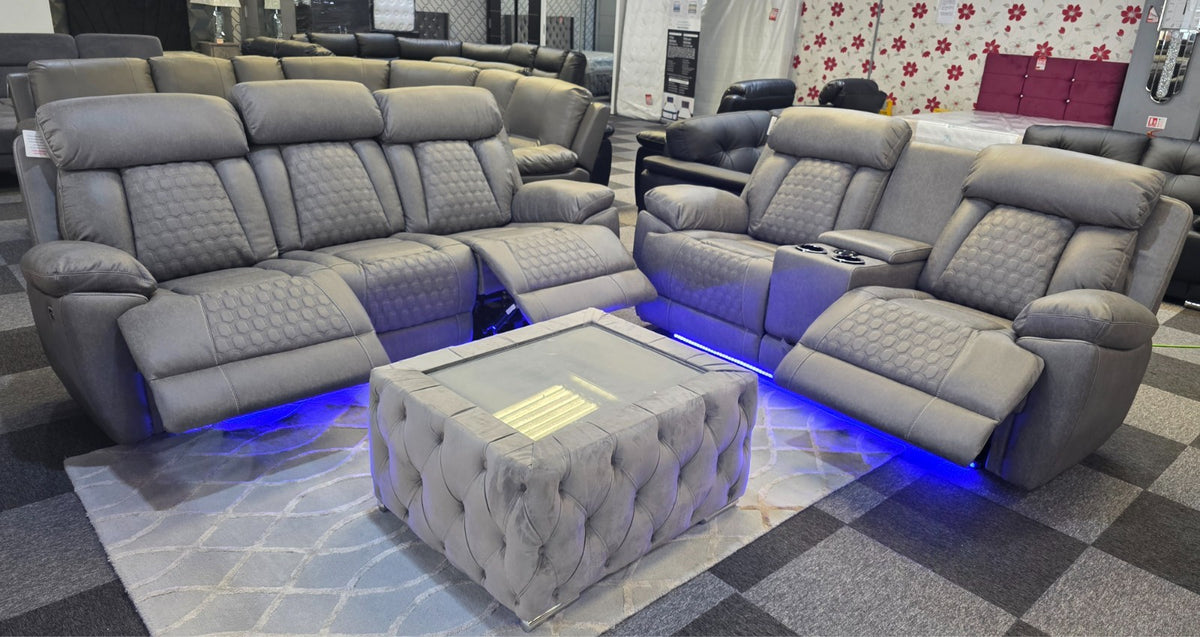 Carlisle 3+2 Electric Recliner Sofa Set – Grey PU Leather, Cooling Cup Holders & USB-C