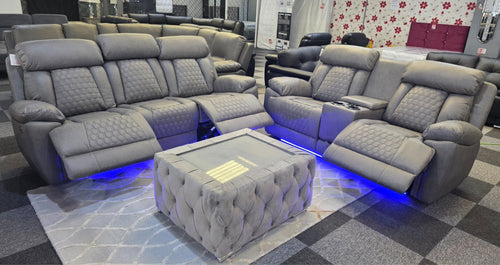 Carlisle 3+2 Electric Recliner Sofa Set – Grey PU Leather, Cooling Cup Holders & USB-C
