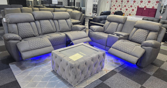 Carlisle 3+2 Electric Recliner Sofa Set – Grey PU Leather, Cooling Cup Holders & USB-C