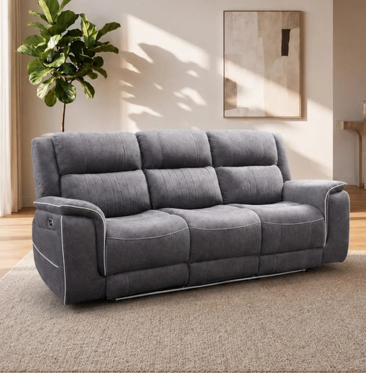 Hannah 3 Seater Electric Recliner Sofa – Grey Microfibre, USB & Blue LED