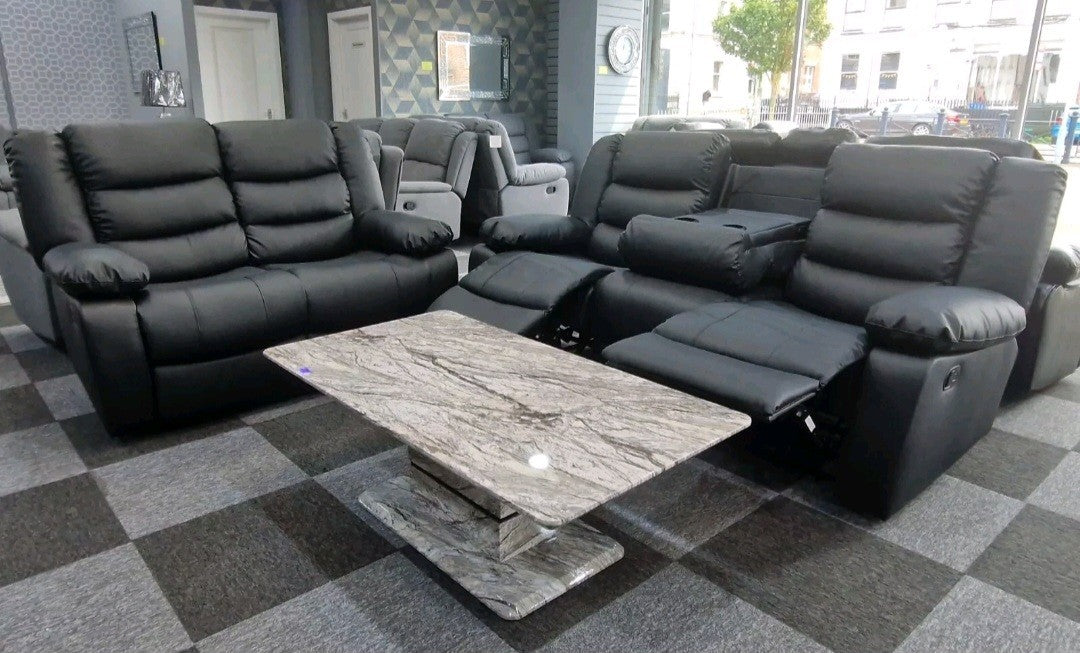 Roma 3+2 Manual Recliner Sofa Set – Black Bonded Leather & Cup Holders