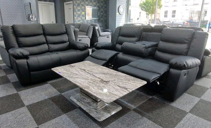 Roma 3+2 Manual Recliner Sofa Set – Black Bonded Leather & Cup Holders
