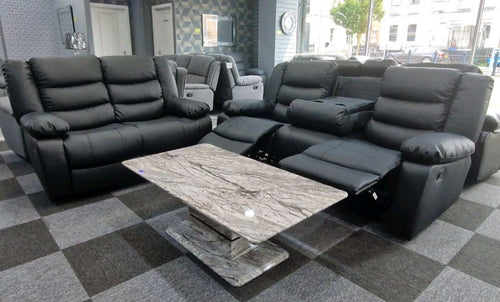 Roma 3+2 Manual Recliner Sofa Set – Black Bonded Leather & Cup Holders