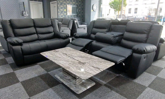 Roma 3+2 Manual Recliner Sofa Set – Black Bonded Leather & Cup Holders